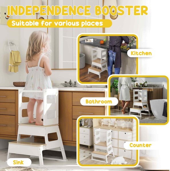 AIYAPLAY 2 in 1 Toddler Tower with Chalkboard, Safety Rail, for Kitchen, Counter, Bathroom, Sink, White