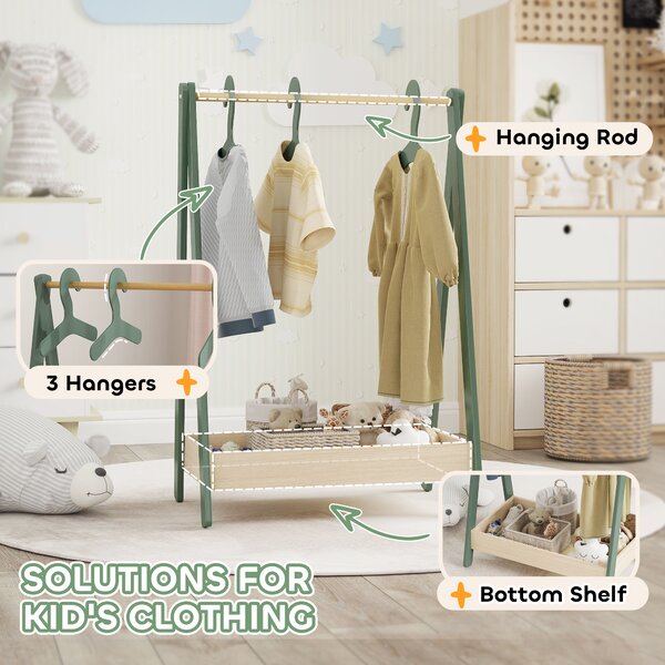 AIYAPLAY Kids Clothes Rail with 3Hangers, Bottom Storage Shelf for Girls, Boys, Nursery, Bedroom, Green Aosom UK