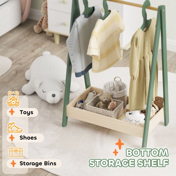 AIYAPLAY Kids Clothes Rail with 3Hangers, Bottom Storage Shelf for Girls, Boys, Nursery, Bedroom, Green Aosom UK