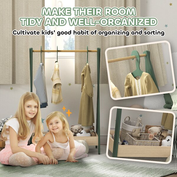 AIYAPLAY Kids Clothes Rail with 3Hangers, Bottom Storage Shelf for Girls, Boys, Nursery, Bedroom, Green Aosom UK