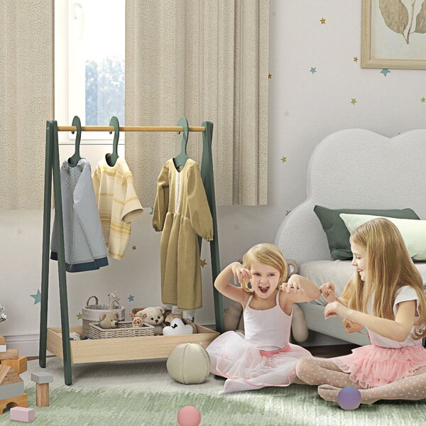 AIYAPLAY Kids Clothes Rail with 3Hangers, Bottom Storage Shelf for Girls, Boys, Nursery, Bedroom, Green Aosom UK