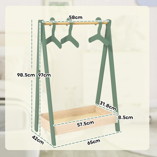 AIYAPLAY Kids Clothes Rail with 3Hangers, Bottom Storage Shelf for Girls, Boys, Nursery, Bedroom, Green Aosom UK