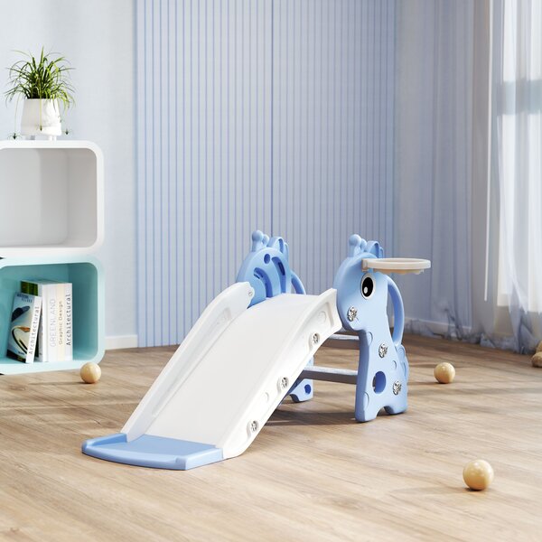 AIYAPLAY 3 in 1 Kids Slide with Climber, Basketball Hoop and Ball, Giraffe Shape Climber Slide for Indoor Kids Age 1-3, Blue