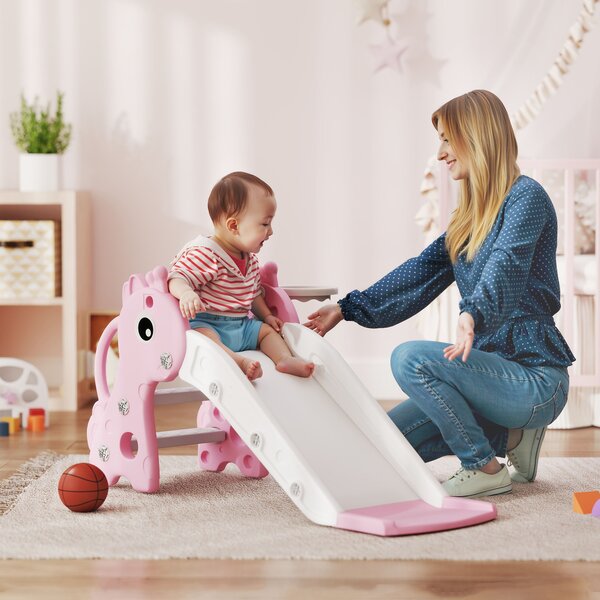 AIYAPLAY 3 in 1 Kids Slide with Climber, Basketball Hoop and Ball, Giraffe Shape Climber Slide for Indoor Kids Age 1-3, Pink