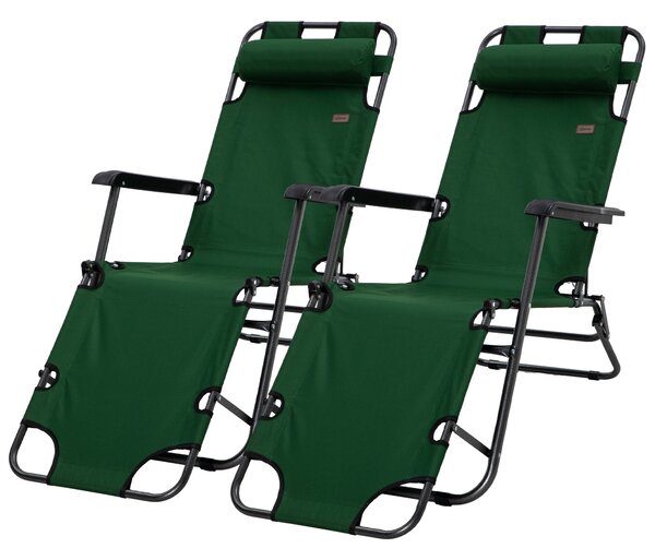 Outsunny Sun Loungers 2 Pack, 2 in 1 Folding Reclining Chairs with Adjustable Back and Pillow, Green