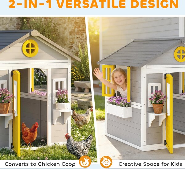 Outsunny Wooden Playhouse with Doors, Windows, Plant Pots, Boxes, for 3-8 Years - Grey