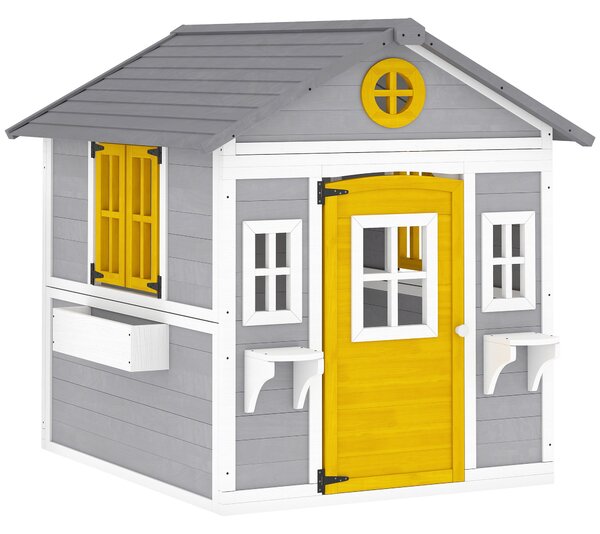 Outsunny Wooden Playhouse with Doors, Windows, Plant Pots, Boxes, for 3-8 Years - Grey