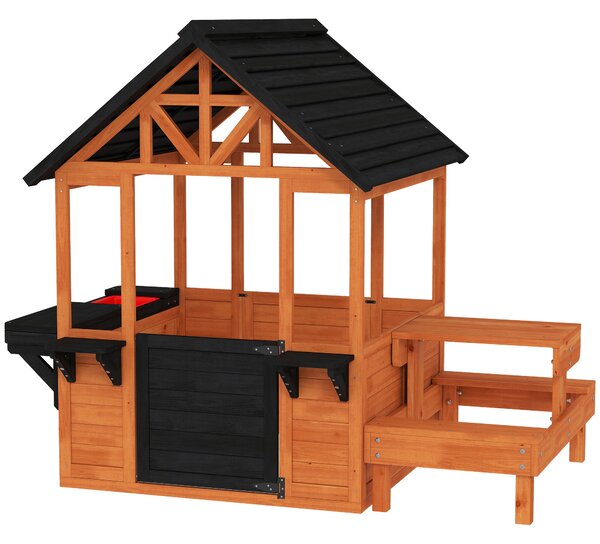 AIYAPLAY Wooden Playhouse Playhouse for Kids with Table, Benches, Sink Table, Windows, Flowerpot Holders, for Ages 3-8, Brown