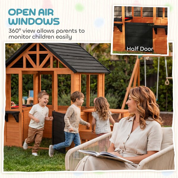 AIYAPLAY Wooden Playhouse Playhouse for Kids with Table, Benches, Sink Table, Windows, Flowerpot Holders, for Ages 3-8, Brown