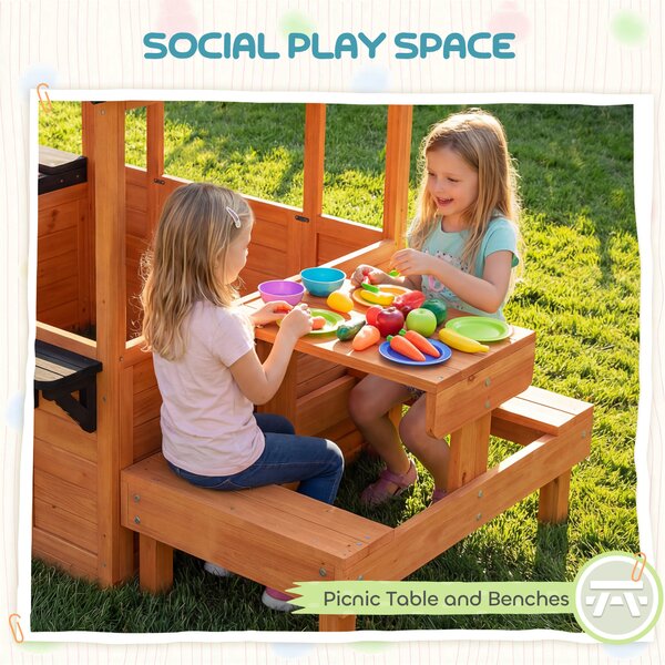 AIYAPLAY Wooden Playhouse Playhouse for Kids with Table, Benches, Sink Table, Windows, Flowerpot Holders, for Ages 3-8, Brown