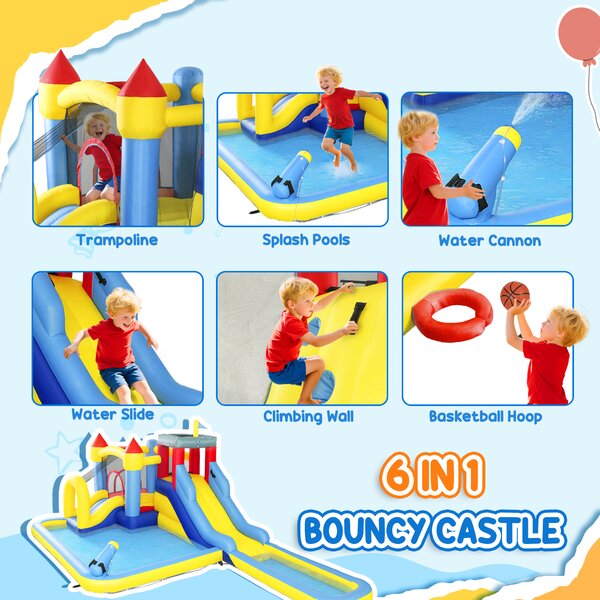 AIYAPLAY Inflatable Bouncy Castle, Kids Water Bounce House 6 in 1 with 550W Blower, 2 Slides for Garden, Party, Outdoor Indoor