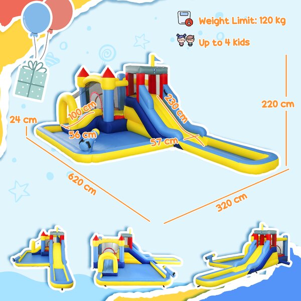 AIYAPLAY Inflatable Bouncy Castle, Kids Water Bounce House 6 in 1 with 550W Blower, 2 Slides for Garden, Party, Outdoor Indoor