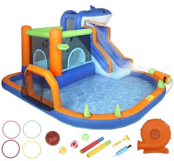 AIYAPLAY Inflatable Bouncy Castle for Kids, Sharks Theme Jumping Bounce House with Slide, Climbing Wall for Indoor Outdoor