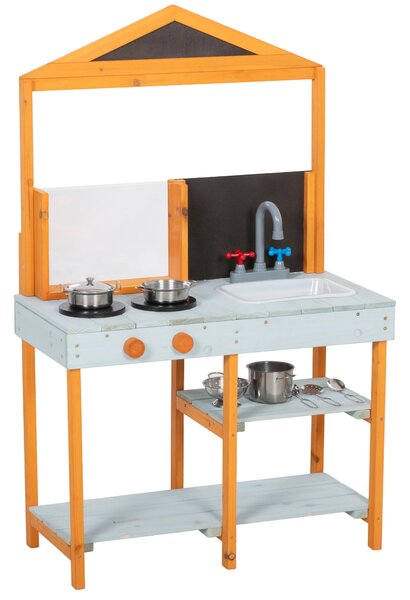 AIYAPLAY Mud Kitchen for Kids, Outdoor Wooden Play Kitchen with Sink, Stove, Cookware, Shelves, Pretend Play Toy for Ages 3-8