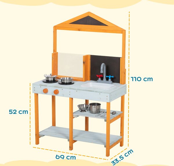 AIYAPLAY Mud Kitchen for Kids, Outdoor Wooden Play Kitchen with Sink, Stove, Cookware, Shelves, Pretend Play Toy for Ages 3-8