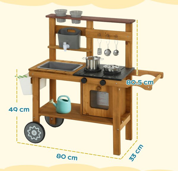 AIYAPLAY Wooden Mud Kitchen with Wheels, Stove, Faucet, Flower Pots, Stainless Steel Accessories for Toddlers 3-6, Brown