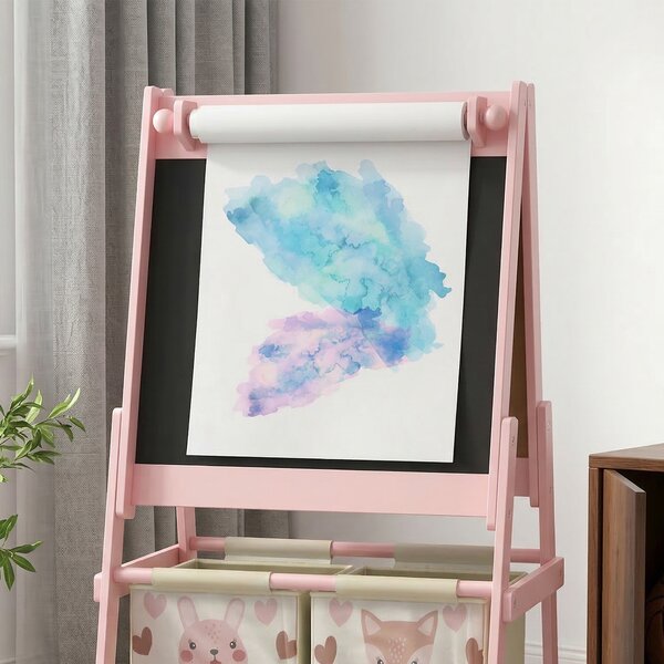 AIYAPLAY 3-in-1 Kids Easel with Paper Roll, Magnetic Whiteboard & Chalkboard, with Storage, Safe for Kids, Pink Aosom UK