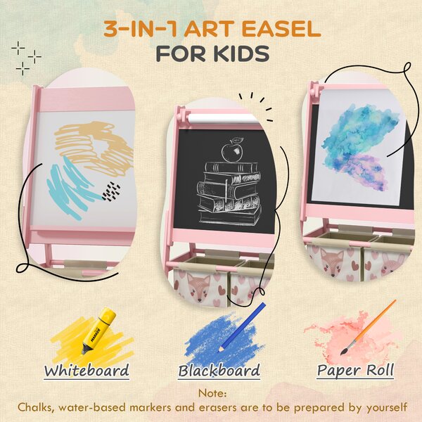 AIYAPLAY 3-in-1 Kids Easel with Paper Roll, Magnetic Whiteboard & Chalkboard, with Storage, Safe for Kids, Pink Aosom UK