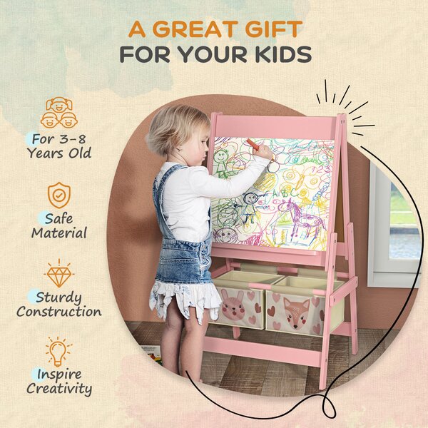 AIYAPLAY 3-in-1 Kids Easel with Paper Roll, Magnetic Whiteboard & Chalkboard, with Storage, Safe for Kids, Pink Aosom UK