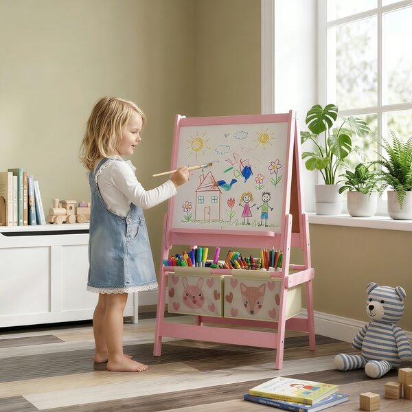 AIYAPLAY 3-in-1 Kids Easel with Paper Roll, Magnetic Whiteboard & Chalkboard, with Storage, Safe for Kids, Pink Aosom UK