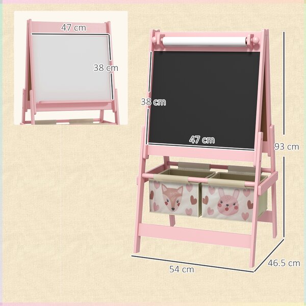 AIYAPLAY 3-in-1 Kids Easel with Paper Roll, Magnetic Whiteboard & Chalkboard, with Storage, Safe for Kids, Pink Aosom UK