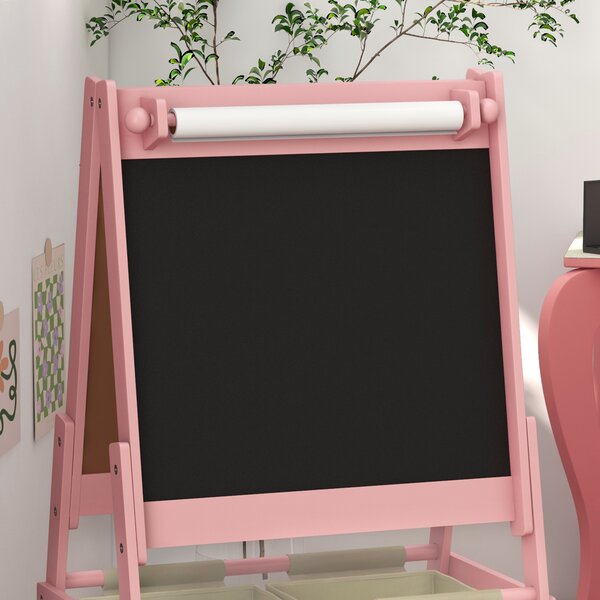 AIYAPLAY 3-in-1 Kids Easel with Paper Roll, Magnetic Whiteboard & Chalkboard, with Storage, Safe for Kids, Pink Aosom UK