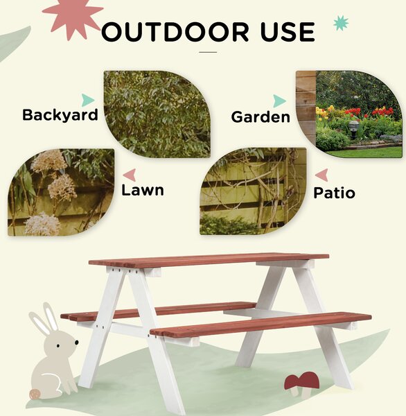 Outsunny Kids Picnic Table, Wooden Table and Bench Set, Kids Garden Furniture for Patio Aged 3-8 Years Old, Brown