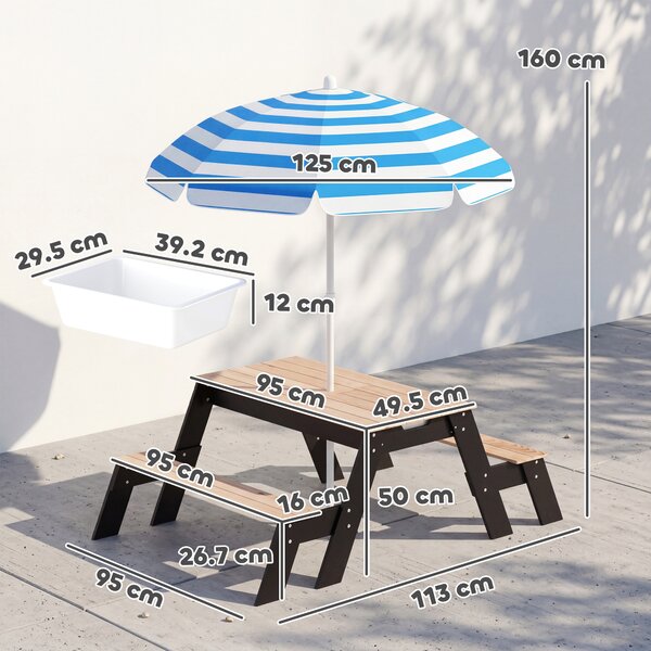 AIYAPLAY Kids Garden Furniture with Parasol, 3 in 1 Wooden Sand and Water Table with 2 Hidden Play Boxes for Patio, Ages 3-6