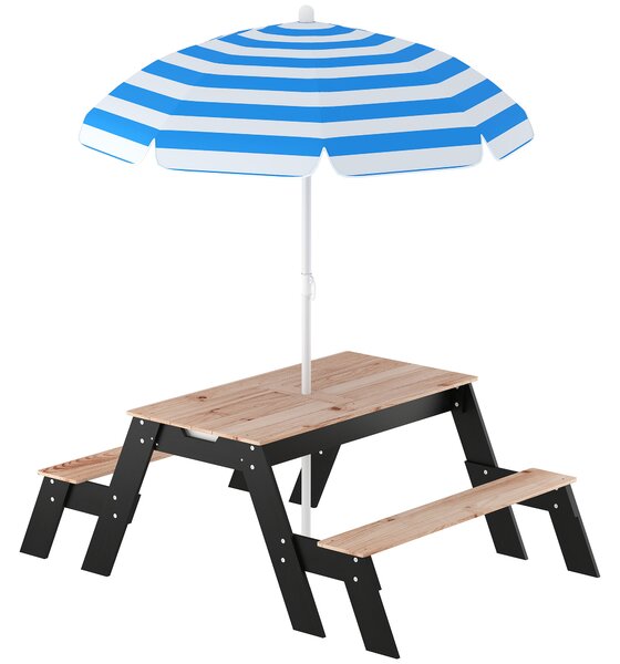 AIYAPLAY Kids Garden Furniture with Parasol, 3 in 1 Wooden Sand and Water Table with 2 Hidden Play Boxes for Patio, Ages 3-6