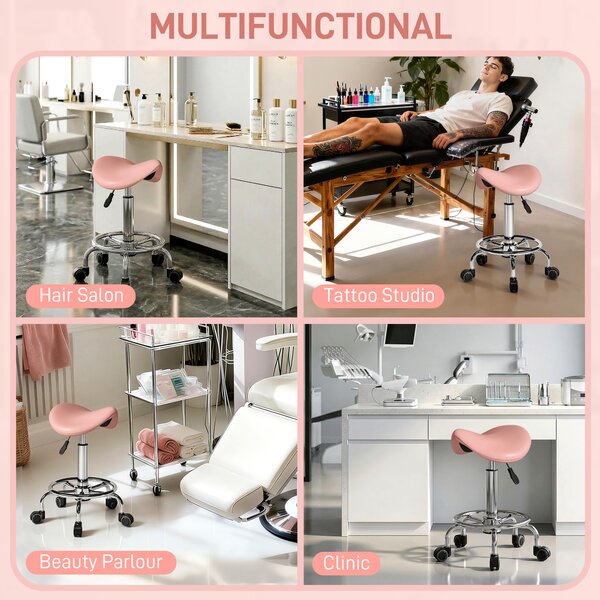 HOMCOM Salon Saddle Stool, Rolling Saddle Chair for Massage, Spa, Clinic, Beauty, Hairdressing and Tattoo, Pink