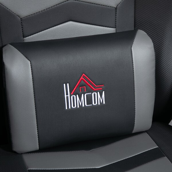 HOMCOM Massage Recliner Chair with Remote, PU Leather Recliner Armchair with Cup Holders and Side Pockets, Racing Style Reclining Chair with Headrest, 360° Swivel, Lumbar Support, Grey