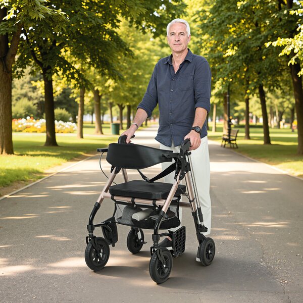 HOMCOM 2-in-1 Rollator Walker & Transport Wheelchair with Seat, Foldable Mobility Aid with Brakes & Footrests for Seniors, Safe & Comfortable Walking Support, Black Aosom UK