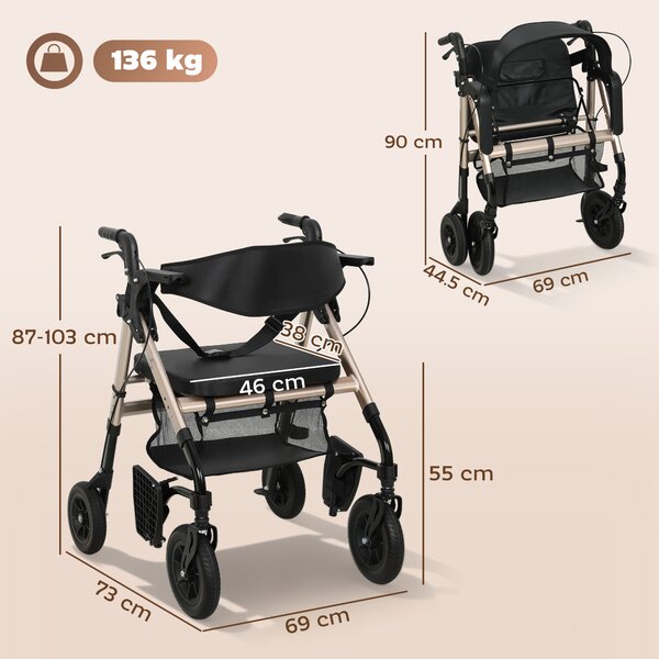 HOMCOM 2-in-1 Rollator Walker & Transport Wheelchair with Seat, Foldable Mobility Aid with Brakes & Footrests for Seniors, Safe & Comfortable Walking Support, Black Aosom UK