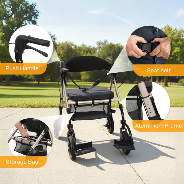 HOMCOM 2-in-1 Rollator Walker & Transport Wheelchair with Seat, Foldable Mobility Aid with Brakes & Footrests for Seniors, Safe & Comfortable Walking Support, Black Aosom UK