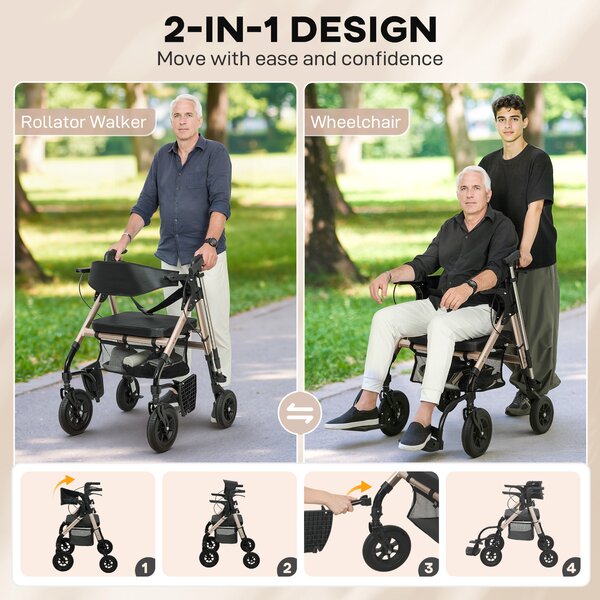 HOMCOM 2-in-1 Rollator Walker & Transport Wheelchair with Seat, Foldable Mobility Aid with Brakes & Footrests for Seniors, Safe & Comfortable Walking Support, Black Aosom UK