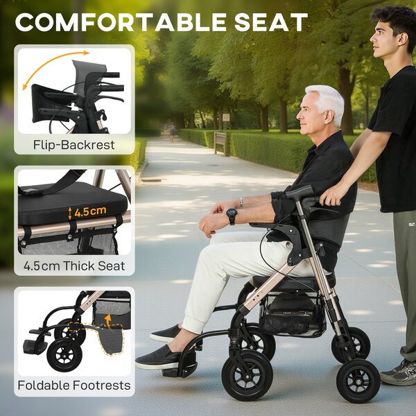 HOMCOM 2-in-1 Rollator Walker & Transport Wheelchair with Seat, Foldable Mobility Aid with Brakes & Footrests for Seniors, Safe & Comfortable Walking Support, Black Aosom UK