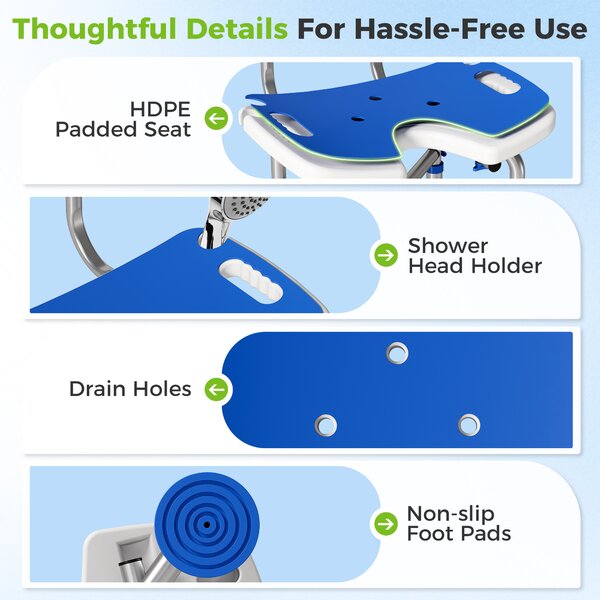 HOMCOM Shower Chair with U-Shaped Cutout, Height Adjustable Bath Bench, Padded Shower Stool for Elderly, Senior, Disabled, Blue