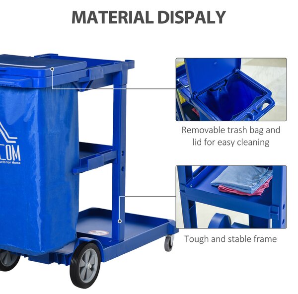 HOMCOM Cleaning Carts On Wheels, Janitorial Trolley, Housekeeping Utility Service Unit w/ 3 Tier Shelves, Rubbish Bag and Hooks Aosom UK
