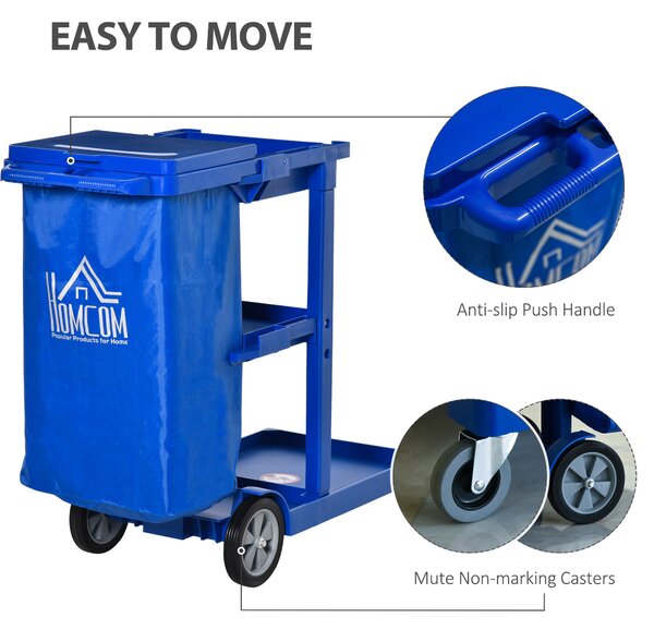HOMCOM Cleaning Carts On Wheels, Janitorial Trolley, Housekeeping Utility Service Unit w/ 3 Tier Shelves, Rubbish Bag and Hooks Aosom UK