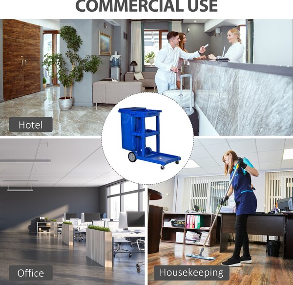 HOMCOM Cleaning Carts On Wheels, Janitorial Trolley, Housekeeping Utility Service Unit w/ 3 Tier Shelves, Rubbish Bag and Hooks Aosom UK