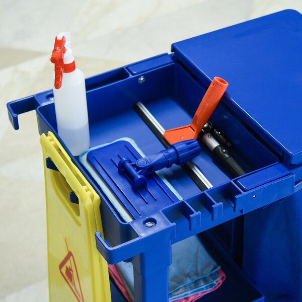 HOMCOM Cleaning Carts On Wheels, Janitorial Trolley, Housekeeping Utility Service Unit w/ 3 Tier Shelves, Rubbish Bag and Hooks Aosom UK