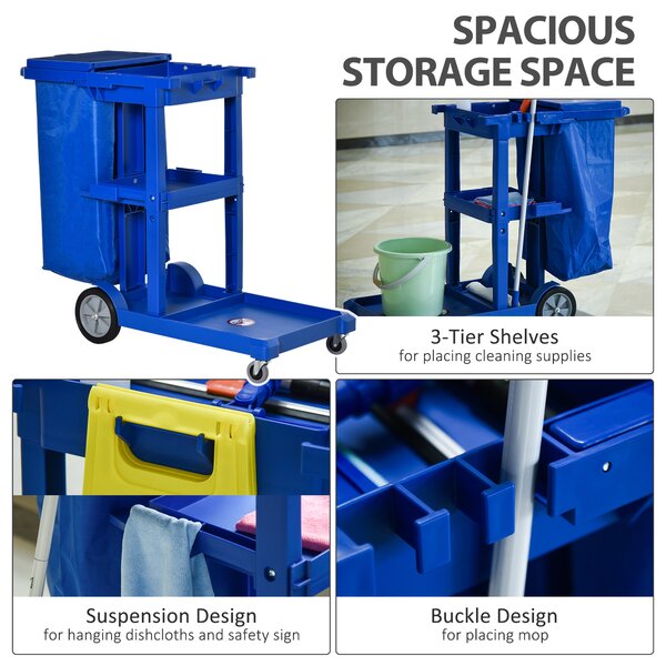 HOMCOM Cleaning Carts On Wheels, Janitorial Trolley, Housekeeping Utility Service Unit w/ 3 Tier Shelves, Rubbish Bag and Hooks Aosom UK