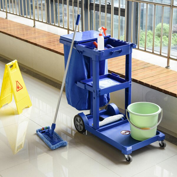 HOMCOM Cleaning Carts On Wheels, Janitorial Trolley, Housekeeping Utility Service Unit w/ 3 Tier Shelves, Rubbish Bag and Hooks Aosom UK
