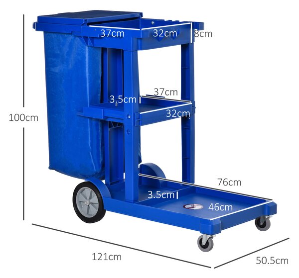 HOMCOM Cleaning Carts On Wheels, Janitorial Trolley, Housekeeping Utility Service Unit w/ 3 Tier Shelves, Rubbish Bag and Hooks Aosom UK