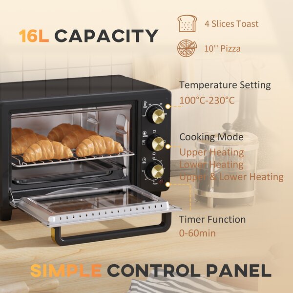 HOMCOM Mini Oven, 16L Countertop Electric Grill, Toaster Oven w/ Adjustable Temperature, 60 Min Timer, Crumb Tray, Baking Tray, Wire Rack Aosom UK