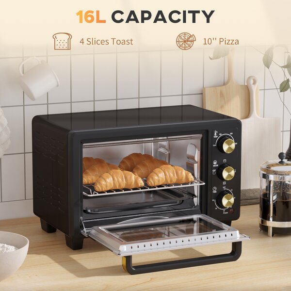 HOMCOM Mini Oven, 16L Countertop Electric Grill, Toaster Oven w/ Adjustable Temperature, 60 Min Timer, Crumb Tray, Baking Tray, Wire Rack Aosom UK