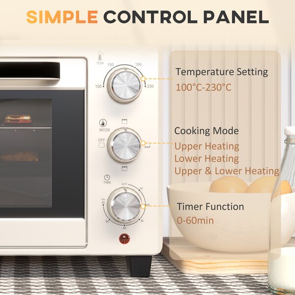 HOMCOM Mini Oven, 21L Countertop Electric Grill, Toaster Oven with Adjustable Temperature, Timer, Baking Tray and Wire Rack, 1400W, Cream Aosom UK
