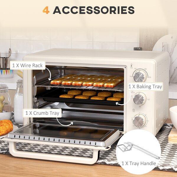 HOMCOM Mini Oven, 21L Countertop Electric Grill, Toaster Oven with Adjustable Temperature, Timer, Baking Tray and Wire Rack, 1400W, Cream Aosom UK