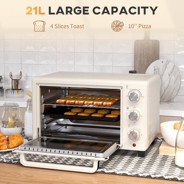 HOMCOM Mini Oven, 21L Countertop Electric Grill, Toaster Oven with Adjustable Temperature, Timer, Baking Tray and Wire Rack, 1400W, Cream Aosom UK