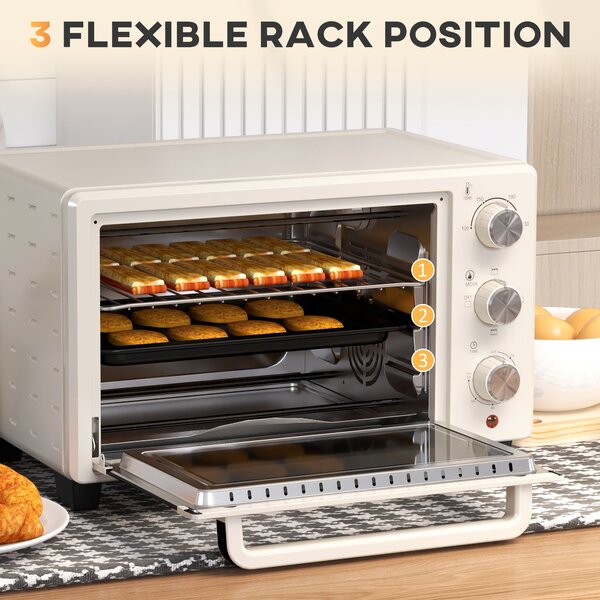 HOMCOM Mini Oven, 21L Countertop Electric Grill, Toaster Oven with Adjustable Temperature, Timer, Baking Tray and Wire Rack, 1400W, Cream Aosom UK